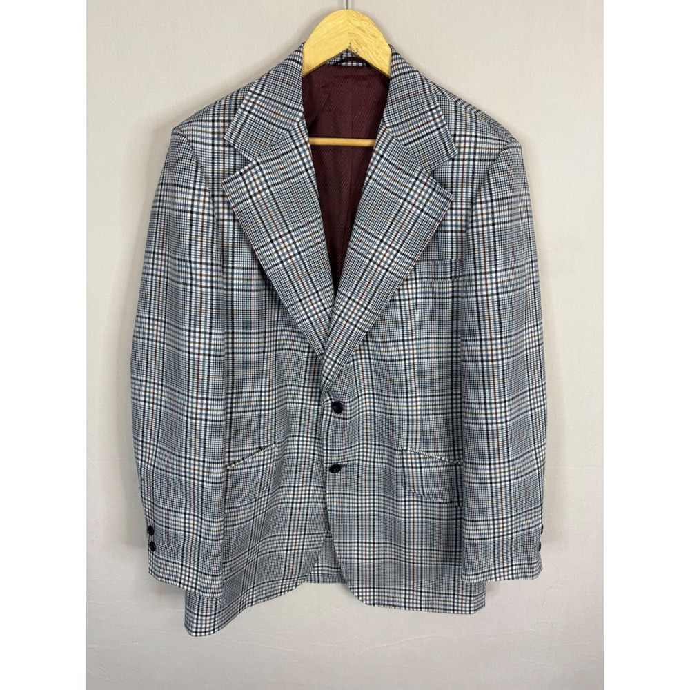 Vintage Johnny Carson Glen Plaid Blazer Grey Blue Brown 1974 Sport Coat Men 42